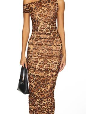 AFRM One-Shoulder Cocoa Leopard Biona Maxi Dress - Small